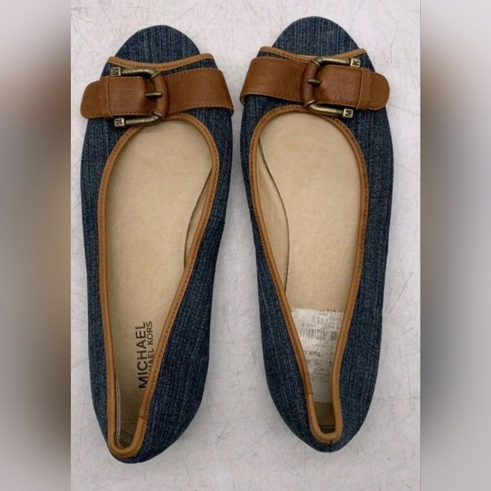Michael Kors MK Vintage Denim Jean Blue Tan Open Peep Toe Women Flats 9